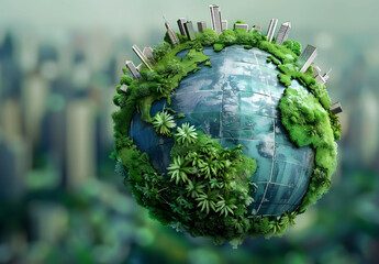 Wall Mural - An illustration of Earth with solar panels and wind turbines surrounded by trees, city buildings, and greenery, symbolizing renewable energy and conservation. Concept of sustainability green energy.