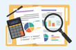 © px.palette - Business document data analysis with magnifying glass and calculator, Paper sheet with document Folder, Auditing financial documents, flat vector illustration.