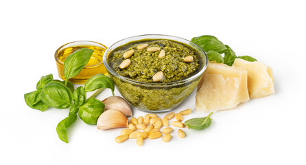 Wall Mural - Pesto. Italian basil pesto sauce with culinary ingredients for cooking