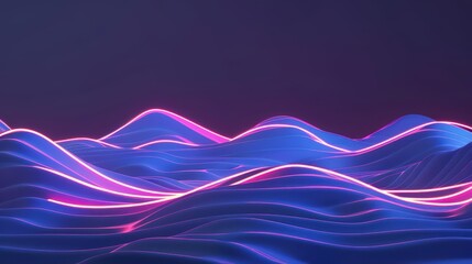 A minimalist cyber beach with glowing neon waves and sleek digital sand with copy space