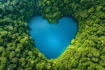 Aerial view of heart shaped lake surrounded by lush green forest. Concepts. love for nature, conservation, environmentalism, eco-tourism, sustainable travel