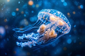 Wall Mural - Luminous jellyfish with glowing tentacles floating in dark blue ocean water.  Concept of marine life, underwater photography, and the beauty of nature.