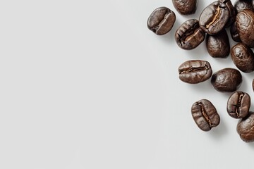 Wall Mural - Roasted coffee beans on a white background with copy space. Concept of caffeine, aroma, beverage, and breakfast.