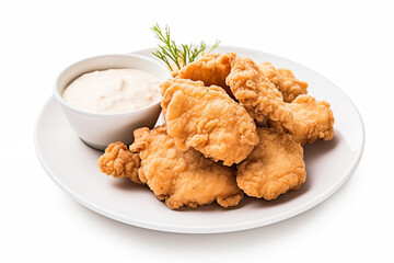 Rocky Mountain Oysters with dressing sauce in round plate isolated on white background