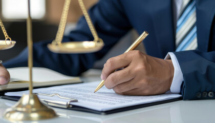 A man in a suit is writing with a pen on a piece of paper