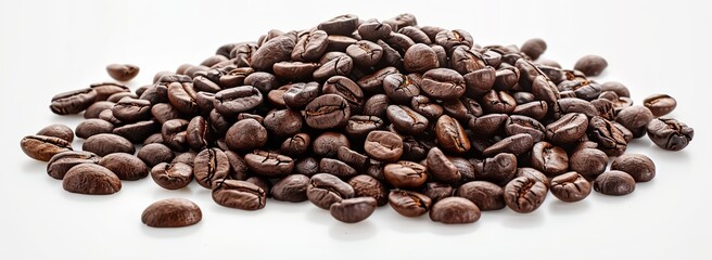 Wall Mural - Close-up of roasted coffee beans, isolated on white background. Concept of caffeine, aroma, beverage, and freshness.