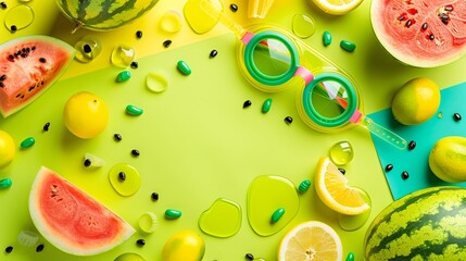 Vibrant summer composition with swimming goggles and watermelons on a lime green background