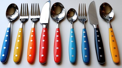 A vibrant and colorful flatware set with knife, fork and spoon against a white background