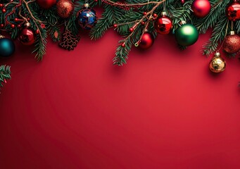 Wall Mural - Merry Christmas background with Christmas tree branch decorated with hanging balls on red background