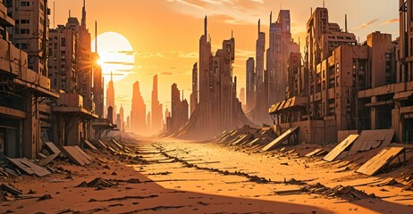 Wall Mural - desert sci-fi futuristic wasteland sunset. cyberpunk city ruins buildings and towers. debris, rubble, and junk buried with sand in summer.