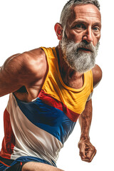 Senior Man Running in Colorful Tank Top on White Background