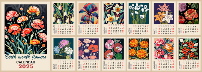 Floral calendar template for 2025 . Vertical design with birth month flowers. Vector illustration page template A3, A2 for printable wall monthly calendar. Week starts on Sunday.