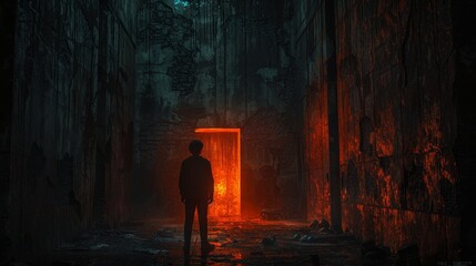 A man stands in front of a glowing red door in a dark, damp cave