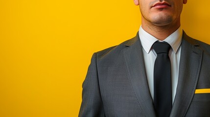 Wall Mural - A man in a suit and tie stands in front of a yellow background