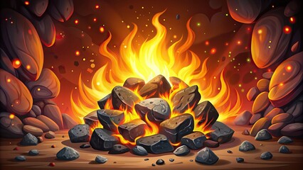 Wall Mural - Fiery blaze engulfs charred black embers and hot rocks in a fireplace, surrounded by ash and smoke, with glowing stones ablaze in a vibrant cartoon illustration.