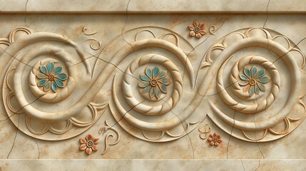 Poster - Beige stone relief with intricate swirls and flowers