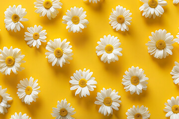 Wall Mural - Photo of a pattern with white daisies on a yellow background in a flat lay. Web banner