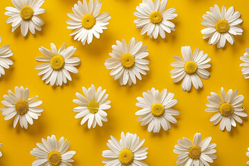 Wall Mural - Photo of a pattern with white daisies on a yellow background in a flat lay. Web banner