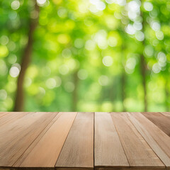 Wooden table for product display in front of blurred green forest background