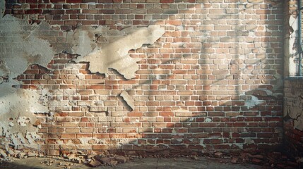 Sticker - Aged brick wall with destroyed concrete interior backdrop and broken texture in soft window light