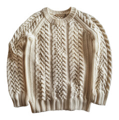 cream chunky knit sweater with intricate cable pattern, cut out - stock png.