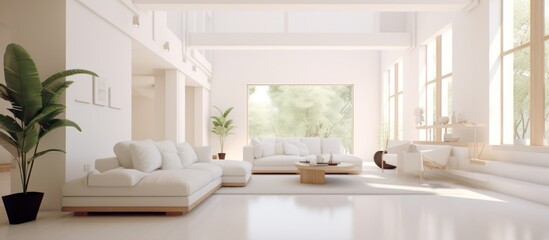 Sticker - A large, open living room with white furniture and a potted plant