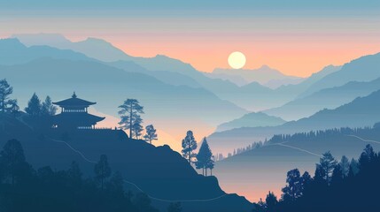 Beautiful Mountain and Cottage Landscape Illustration