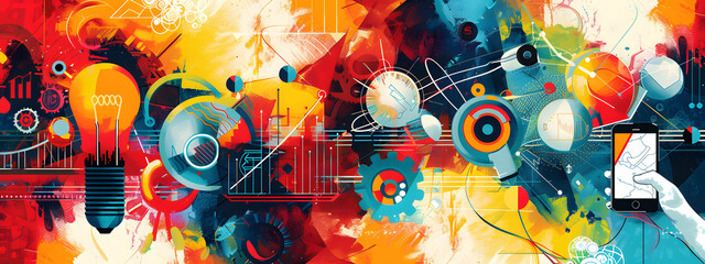 Poster - A vibrant digital collage depicting symbols of innovation and creativity, including light bulbs, gears, charts, circuit boards, and digital devices. Set against an abstract background.