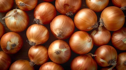 Wall Mural - Fresh onions background close-up. Golden brown onions in a flat lay style. Ideal for culinary, grocery, and kitchen themes. Natural and vibrant. Bright and high-quality image. AI