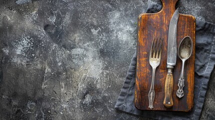 Poster - Cutlery on wooden cutting board with dark concrete background Dinner preparation