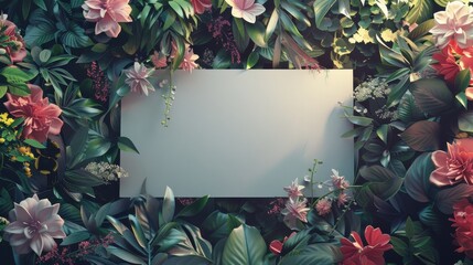 Wall Mural - Blank canvas surrounded by lush foliage and colorful flowers. Ideal for nature, beauty, and spring-themed designs.