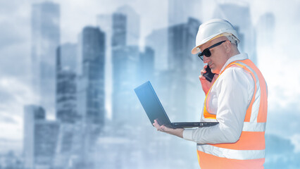 Poster - man architect. builder works with laptop in hands. architectural engineer makes phone call. builder 