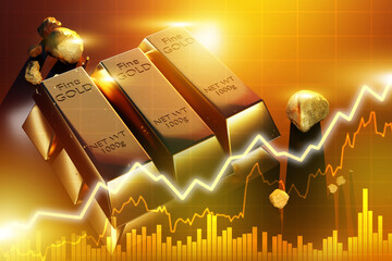 Wall Mural - Rising gold prices. Increase in prices for golden bullion. Growing chart near gold. Investments in precious metal. Profit chart from selling gold. Chart increase in demand for aurum. 3d image