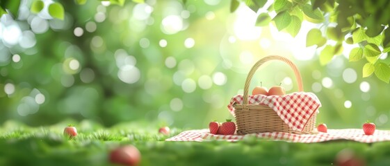 Wall Mural - 3D illustration of a summer picnic with basket and blanket, bright and inviting, space for text