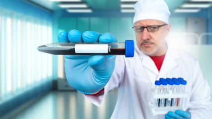 Poster - Flask with blood in hand of man doctor. Plastic test tube with tests. Copy space on blood sample. Doctor with test tubes for research. Blood test in hospital. Man doctor inside clinic