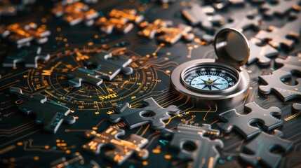 Wall Mural - Several jigsaw pieces and a digital compass on a tech-inspired background with circuit patterns, featuring an empty sleek metal stand for a modern gadget.