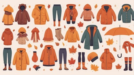 Collection of cute autumn clothing stickers, featuring a sweater, raincoat, socks, scarf, gloves, pants, and an umbrella, isolated. Flat cartoon vector illustration