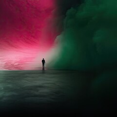 Canvas Print - a man standing in front of a giant pink and green cloud