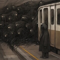 Wall Mural - a man standing next to a train filled with lots of wires