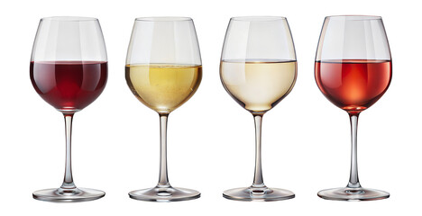 Four wine glasses with red and white wine, cut out - stock png.