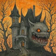 Sticker - a painting of a creepy house with a monster's mouth