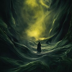 Poster - a painting of a person standing in a dark cave