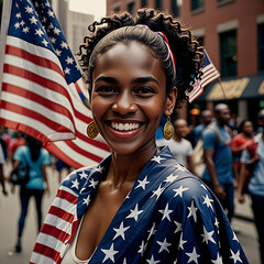 Smiling successful woman with USA flag back ground black history month or women history month celebration