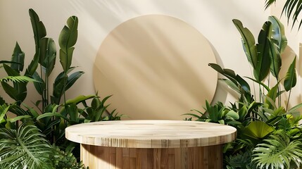 Wall Mural - Wooden Platform with Tropical Plants and Circle Wall