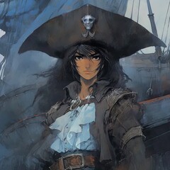 Wall Mural - a woman in a pirate costume standing in front of a ship