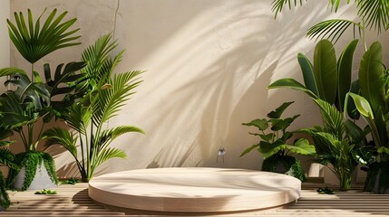 Wall Mural - Minimalist Product Display with Tropical Foliage