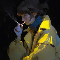 Poster - a woman in a yellow jacket smoking a cigarette