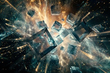 Poster - Abstract Sapphire Topaz Emerald Platonic Solids Exploding in Cosmic Dust