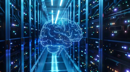 Poster - Digital Brain Hologram In Server Room Representing Artificial Intelligence Technology
