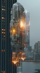 Poster - Futuristic Glass And Metal Structure Hovering Over A City Skyline